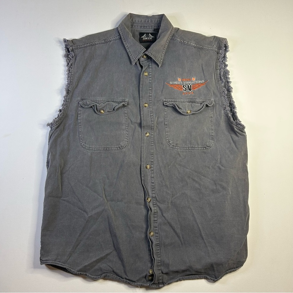 Vtg Y2k Reno Bike Rally 2004 Factory Cut/Sleveless Denim Button Shirt XL